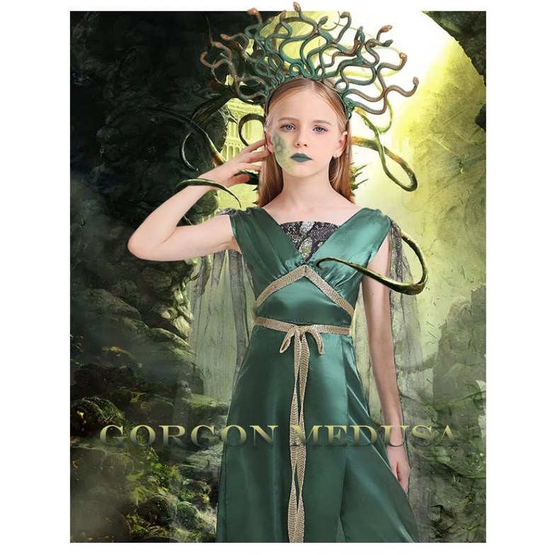 Ancient Greek Goddess Medusa Cosplay Costume For Kids Girl Mythology Snake Green  Dress with Head dress Outfits | Shopee Philippines