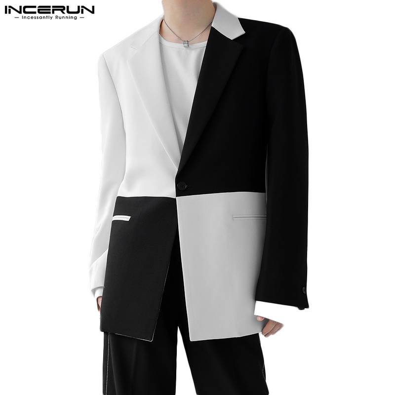 INCERUN Men's Black and White Suit Drop Design Long Sleeve Suit Coat