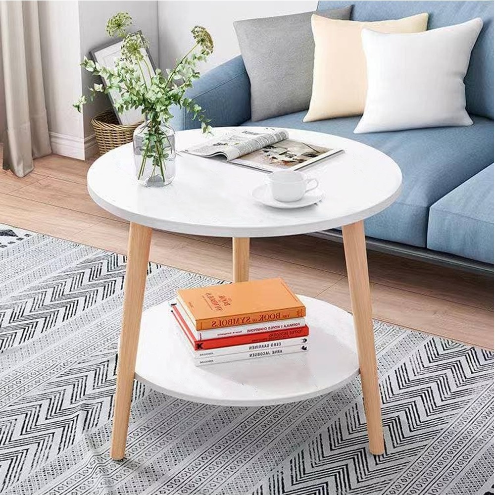 SWEET LIFE Wooden Living Room Side Round Table Coffee Two Layer White 2 ...