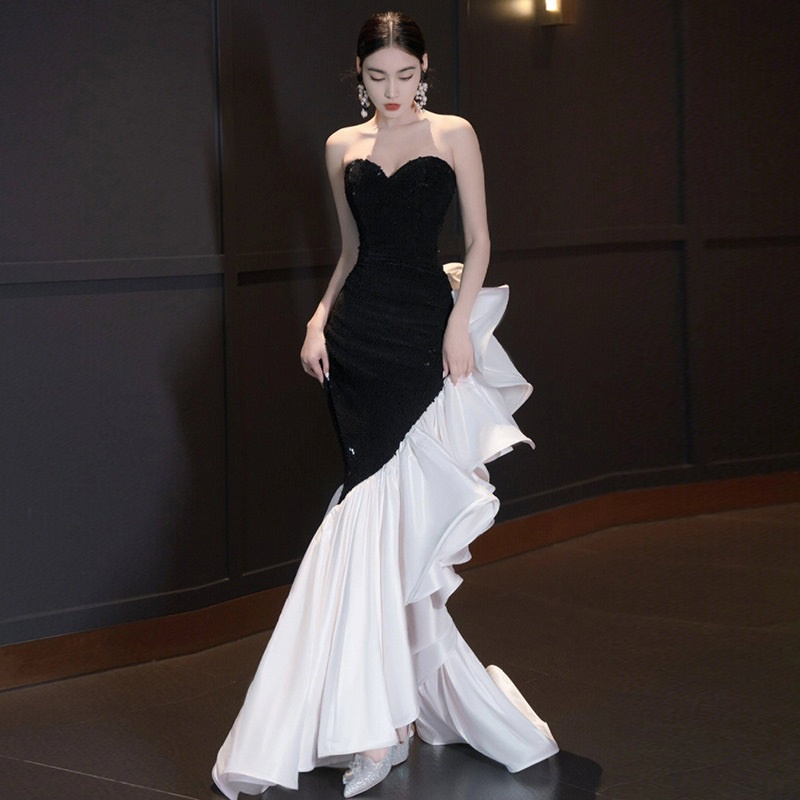 Elegant Black Banquet Evening Dress Temperament Tube Top Sleeveless ...