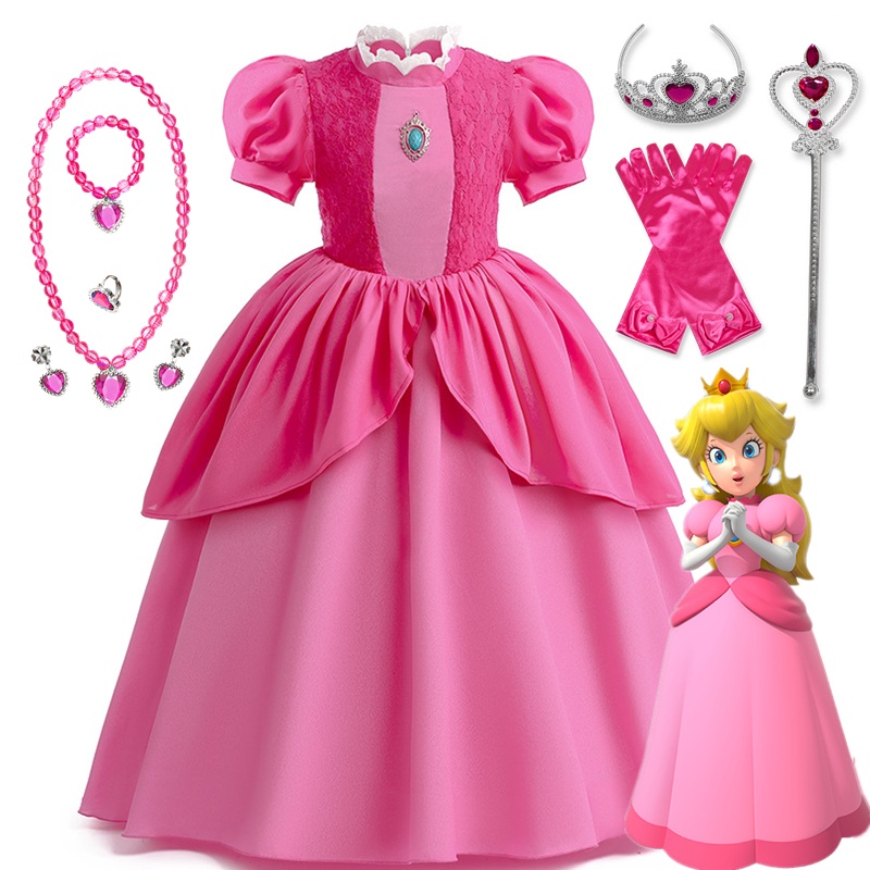 Princess Peach Costume For Girls - Halloween Dress Up Set With Crown, Earrings, Gloves & Wand