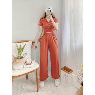 Amie Collar Crop Polo Terno Wide Leg Pants Knitted Coords Korean Style  Outfit