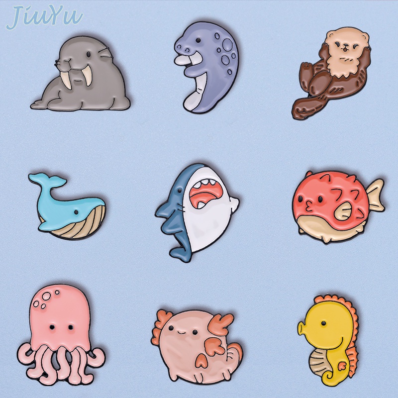 Cute Marine Organism Enamel Pin Shark Octopus Dolphin Otter Brooch ...