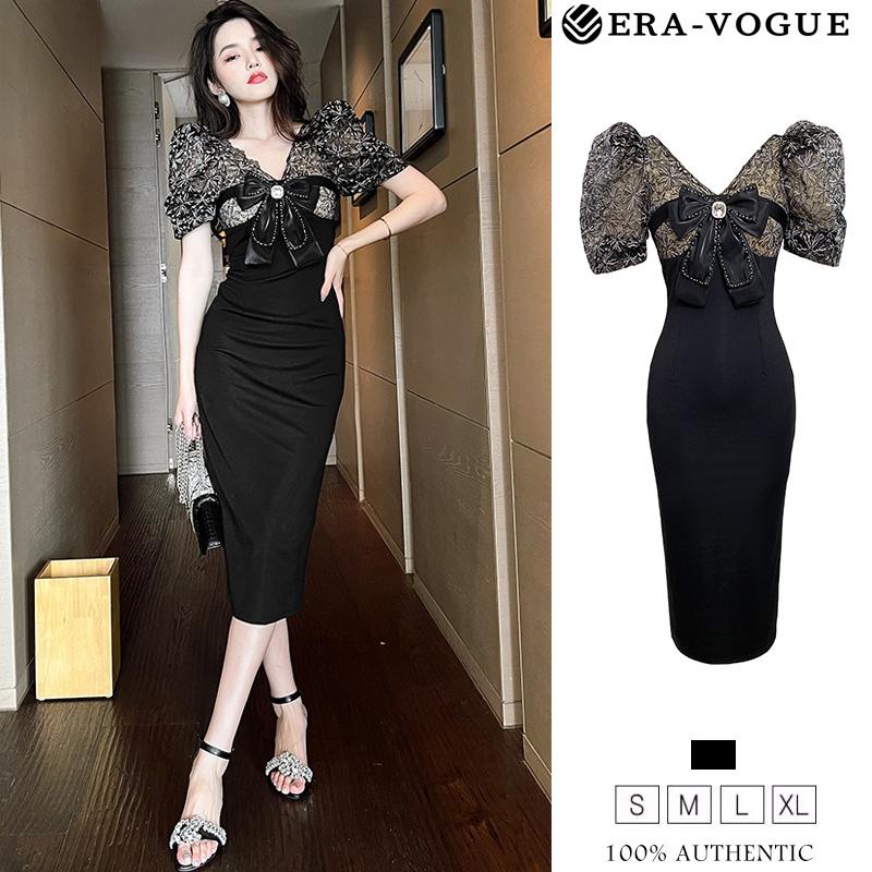 ZYHT 2023 Summer New EraVogue Women's Korean Black Modern Filipiniana Lace  One Step Dress Short Puff Sleeves V-neck Slim High Waist Wedding Formal  Party Evening Bridesmaid Fashion Sexy Graduation Birthday Prom Tight