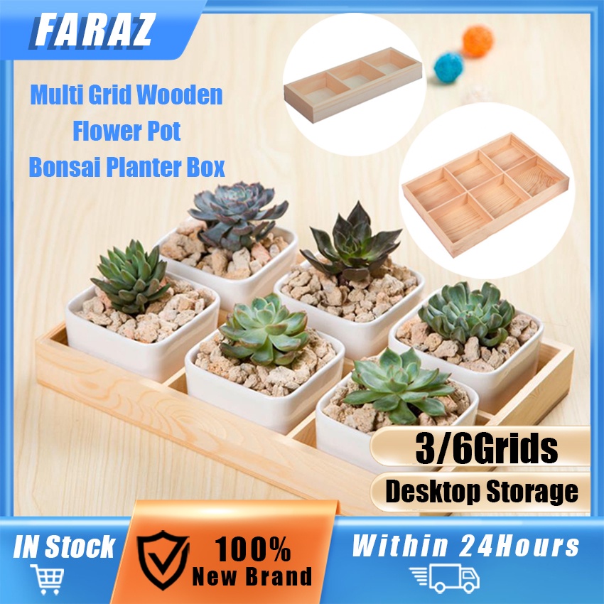 3/6 Grid Wooden Flower Plant Pot Boxes Succulent plant Display Desktop ...