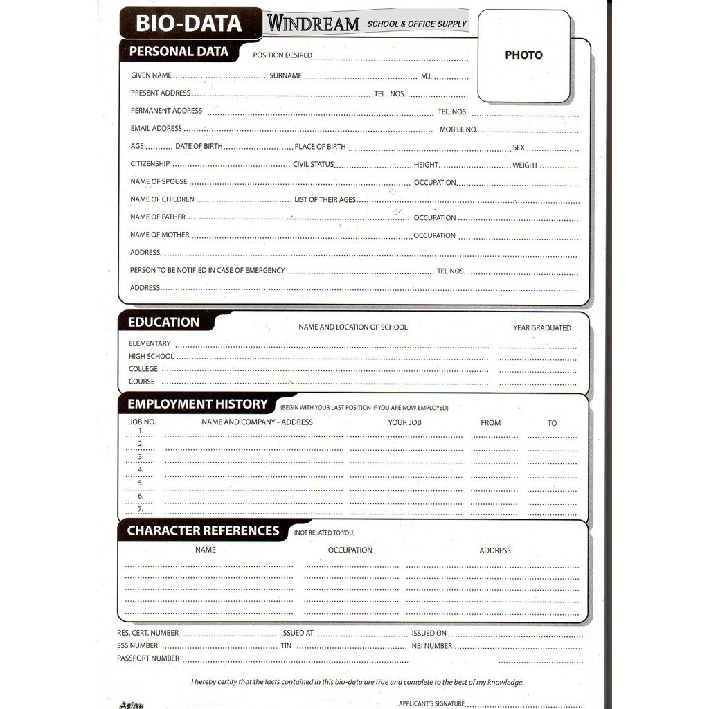 Biodata personal data form sold per pack | Shopee Philippines