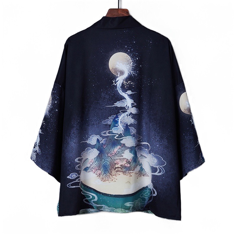 Chinese Style Ukiyo-Ee Dragon Robe Haori Japanese Kimono Cardigan Loose ...