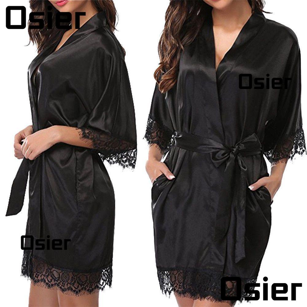 OSIER Plus Size Long Sleeve Sleepwear Silk Satin Lace Kimono Dress Bath ...