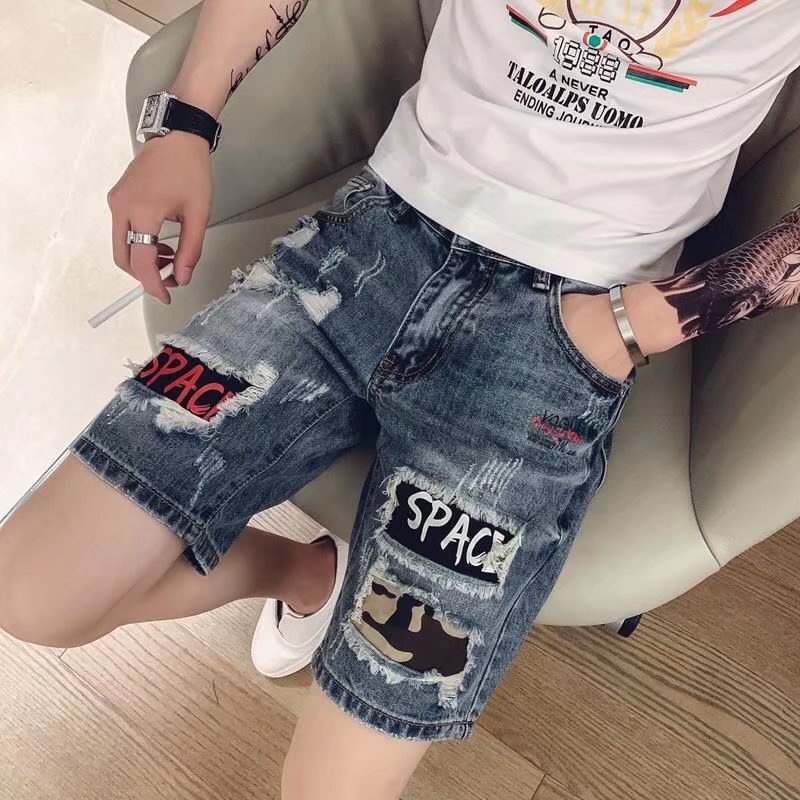 Summer Ripped Denim Shorts Men's Loose Cropped Pants Large Size Elastic ...