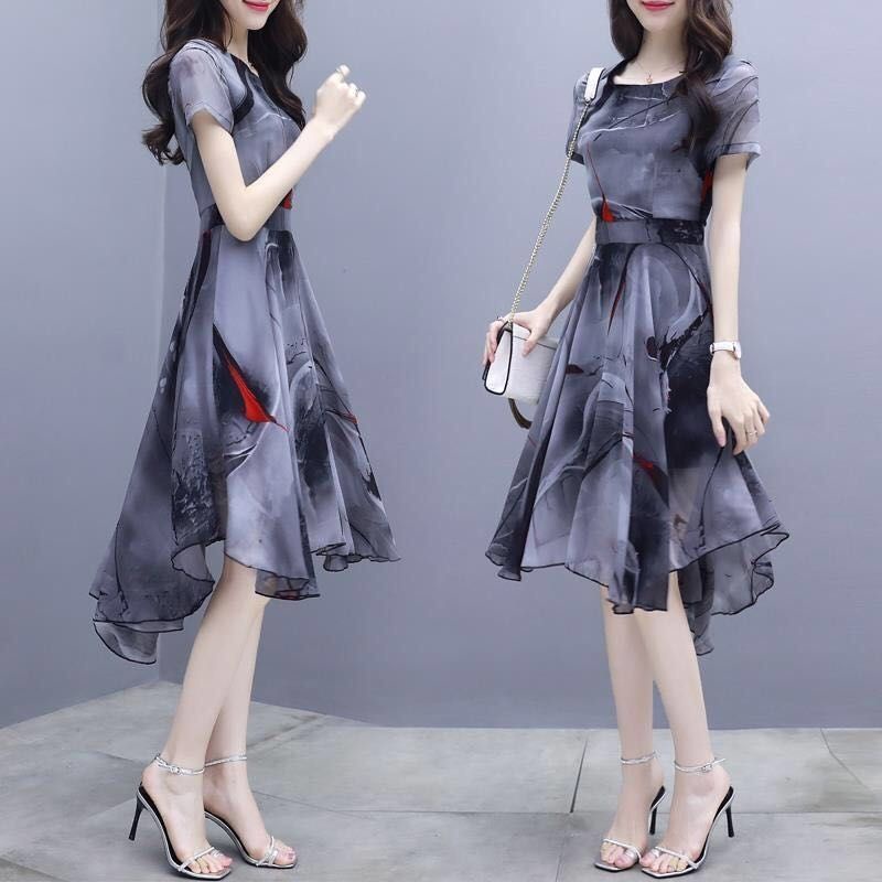 Summer new women's short-sleeved dress Korean style slim-fit printed ...