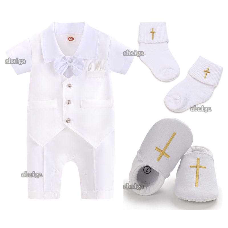 Christening Outfit for Baby Boy 0 12 Months Short Sleeve Jumpsuit White