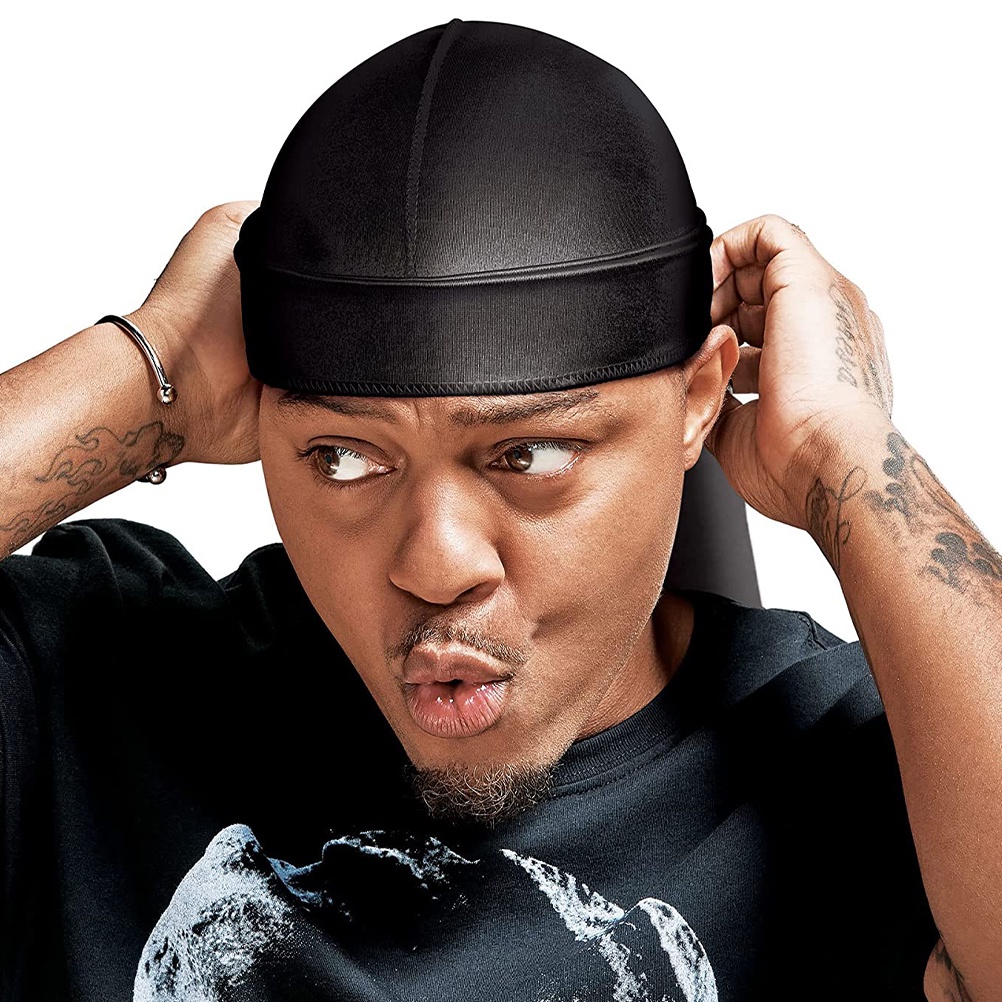 Black Bandanas Men Satin Turban Silk Head Wrap Durags Pirate Cap