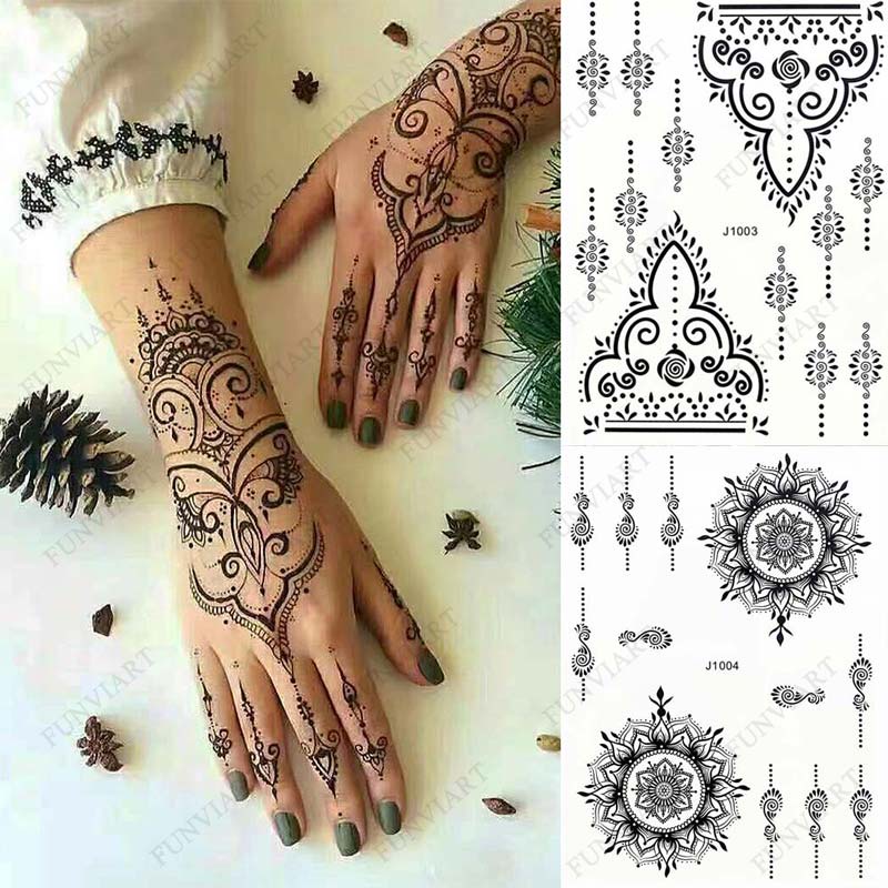Black Henna Temporary Tattoos for Women Lace Flower Mehndi Sticker for ...