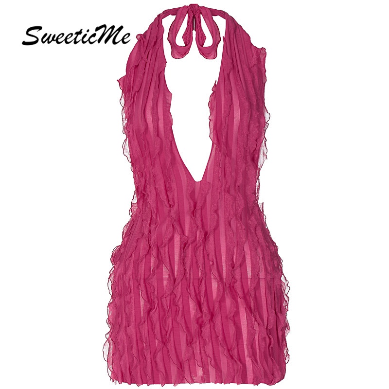 Sweeticme Women's Solid Color Sexy Halter Deep V-Neck Backless Short ...
