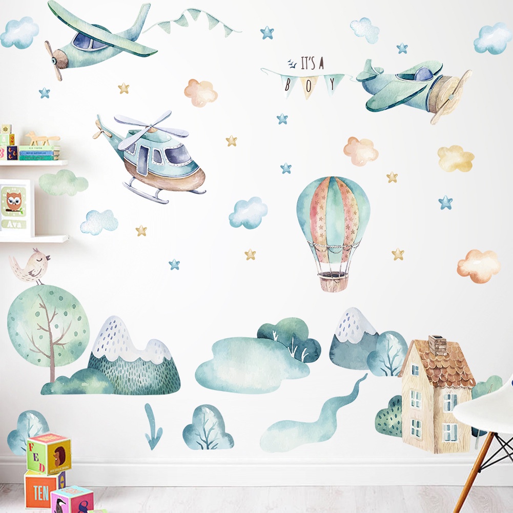 PVC wall sticker waterproof Ins cartoon airplane clouds hot air balloon ...