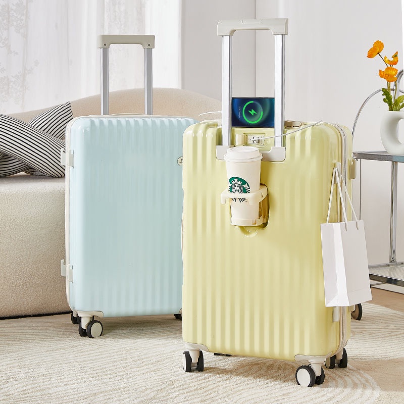 USB suitcase with cup holder universal wheel leather suitcase trolley ...