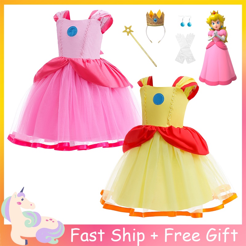 2Colors Princess Peach Super Mario Bros Costume Mesh Dress For Girls ...