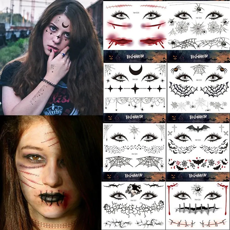 10er Set Halloween Mund-Tattoos - Gruselige Temporäre Gesichtsticker Für Kostüm-Partys