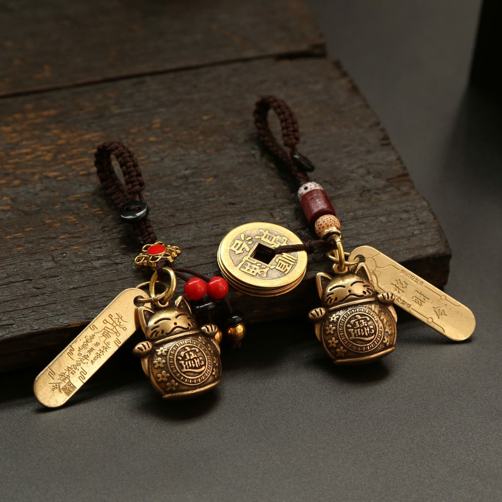 Brass lucky cat Lucky order five emperors money Key Chain pendant ...