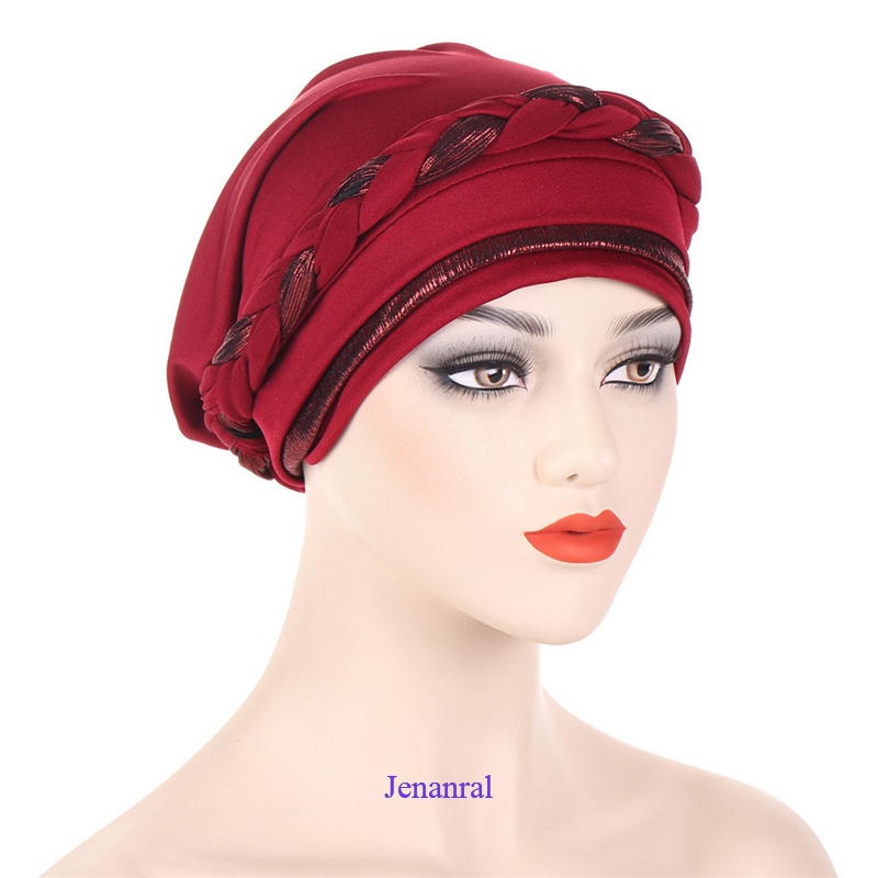 Hair Loss Head Scarf – Muslim Women Turban Cap, Beads & Braid, Cancer Chemo Hat, Solid Polyester, 58cm