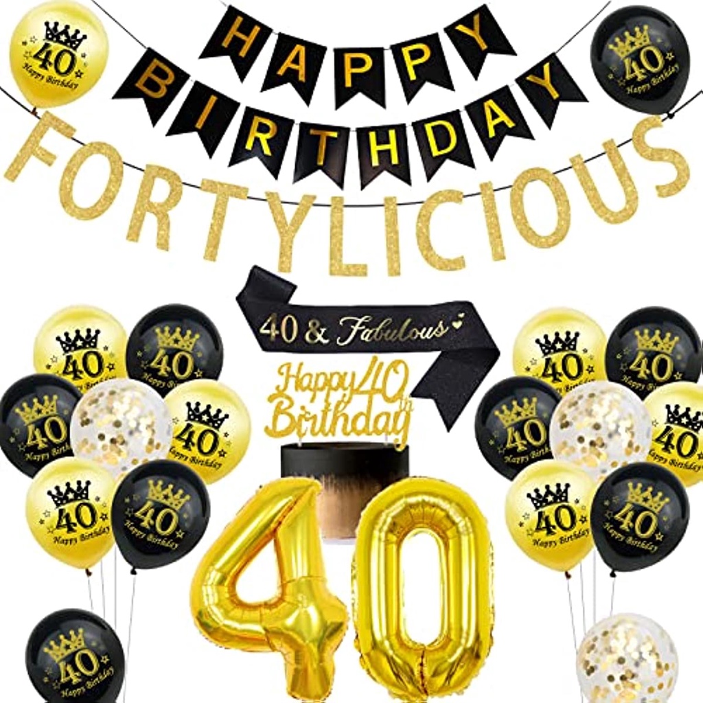 CHEEREVEAL 40th Birthday Decor, Fortylicious Banner, Black Gold Happy ...