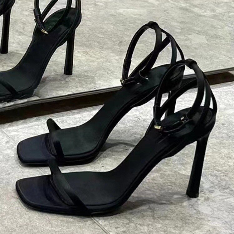 ISNOM Lace Up Heels Sandals For Women - Square Toe Stiletto Design In White & Black