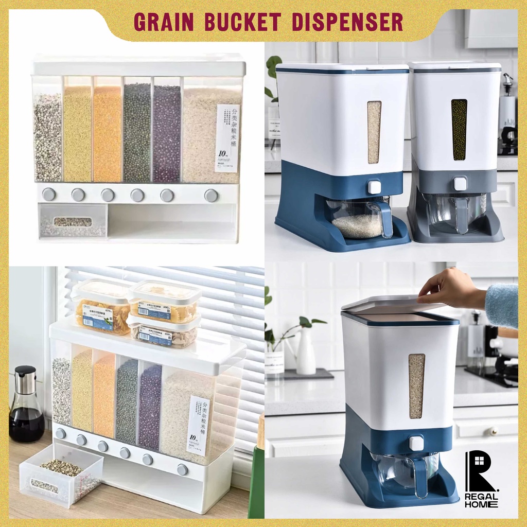 Wall-mounted Dry Food Dispenser Rice Bucket Multi Compartments Storage ...