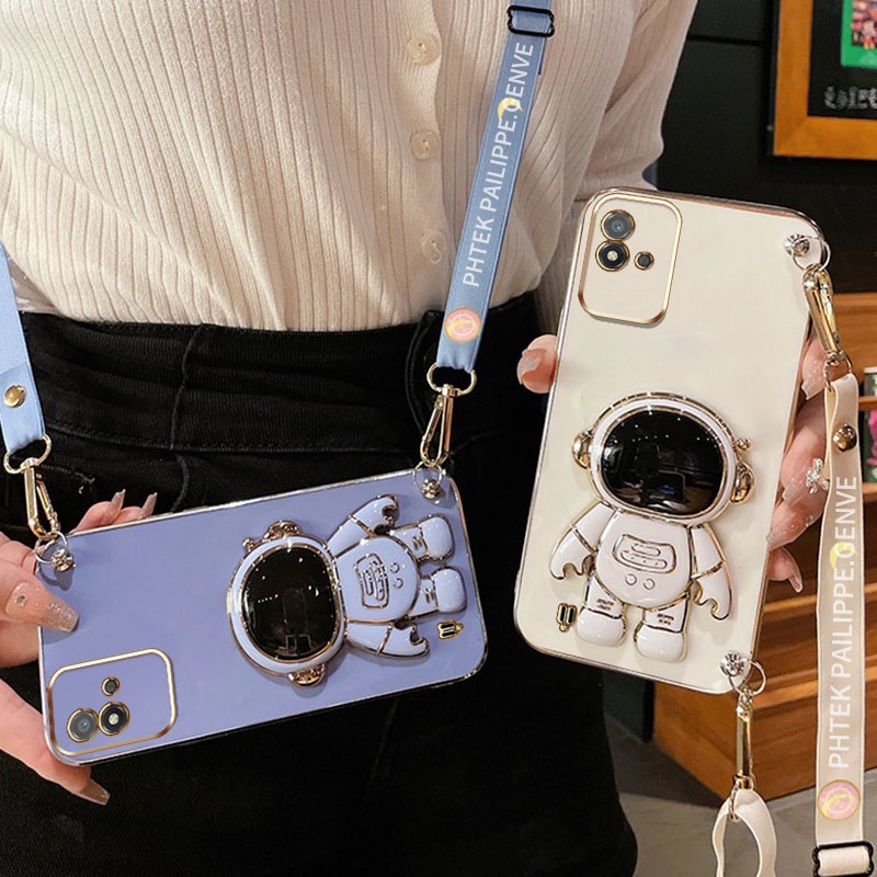 Long Wrist Strap Style Phone Case for OPPO Realme C20 C20A C11 2021 Realme  Narzo 50i Luxury Electroplated Case with Astronaut Bracket