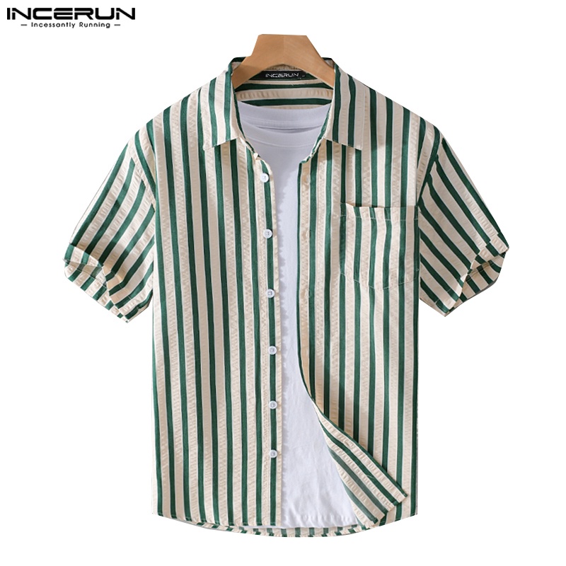 Incerun Mens Striped Cotton Linen Short Sleeved Casual Shirt Shopee Philippines 