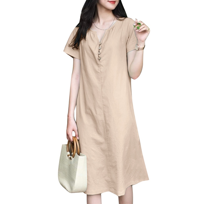ZANZEA Women Korean Cotton Linen V-Neck Short Sleeve H-Shaped Dresses