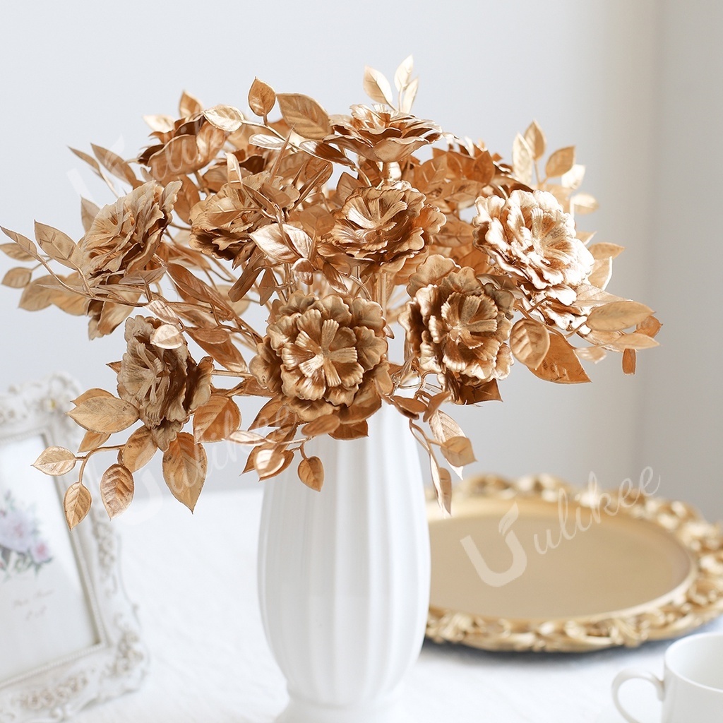Retro Gold Rose Artificial Flowers With Leaves High Quality For Wedding