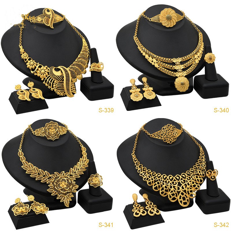4-piece 24k Gold Plated Bridal Necklace Earrings Ring Bracelets Indian  Women's Jewelry Set