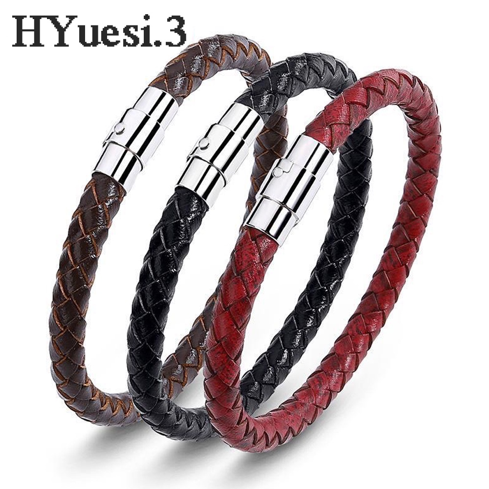Simple Men Leather Bracelet Multicolor Stainless Steel Button