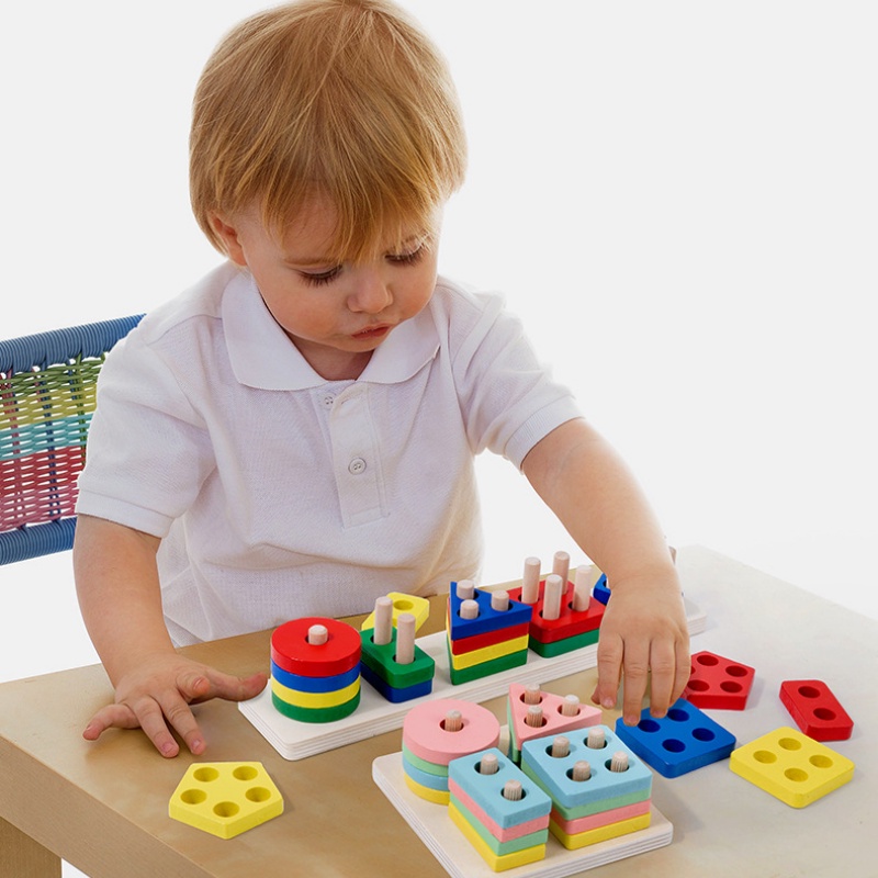 Wooden Toys Puzzle Column Shape Matching Building Blocks Children's 3D ...