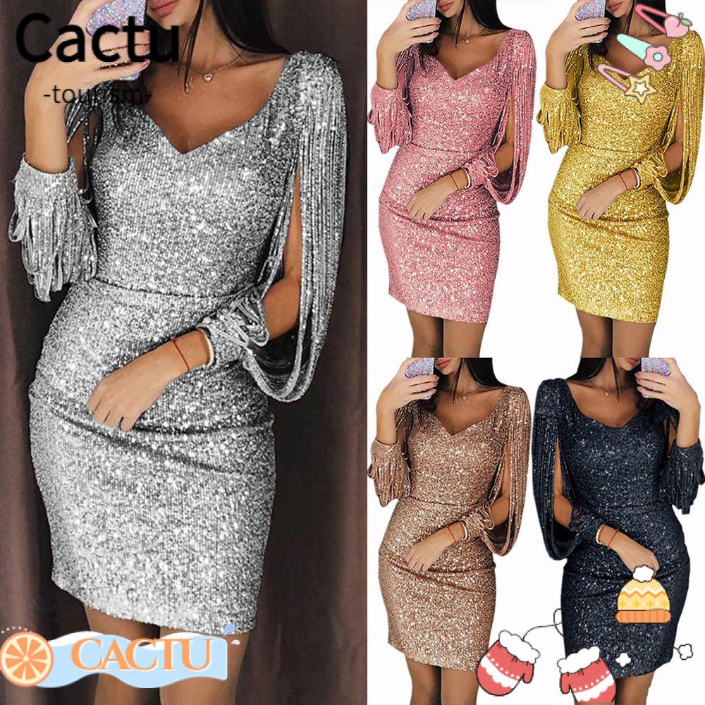 CACTU Elegant Ladies Sexy Tassels Dress Club Sequins Slim Dress Women