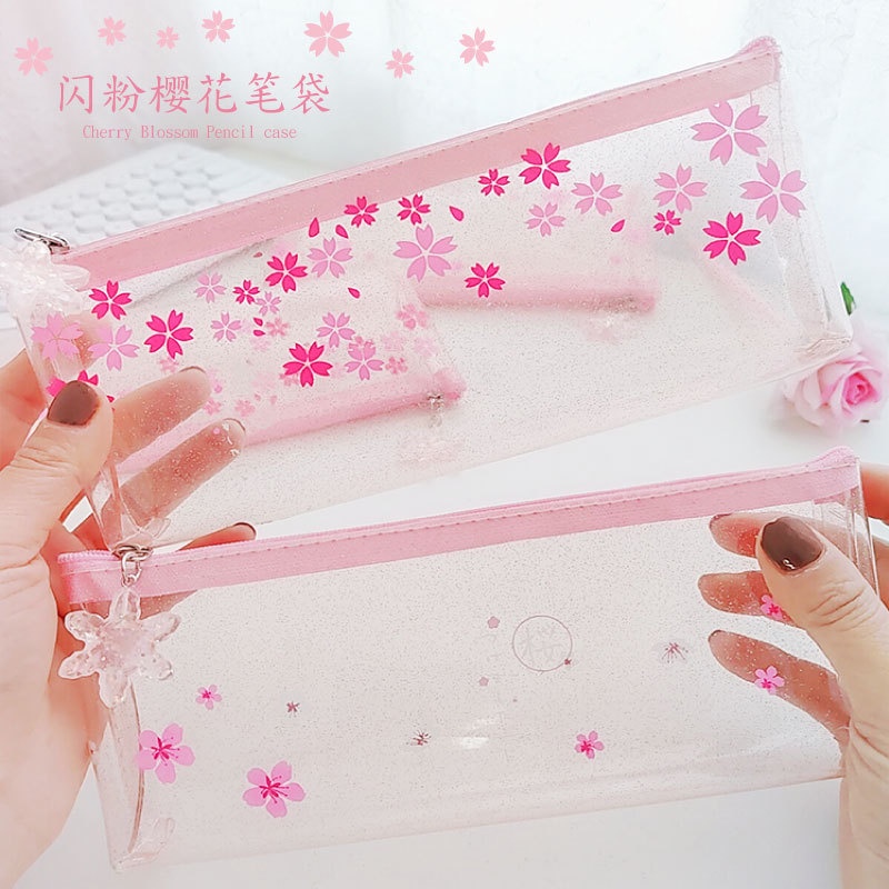 Japanese Cherry Blossom Transparent Pencil Bag Female INS Small Fresh