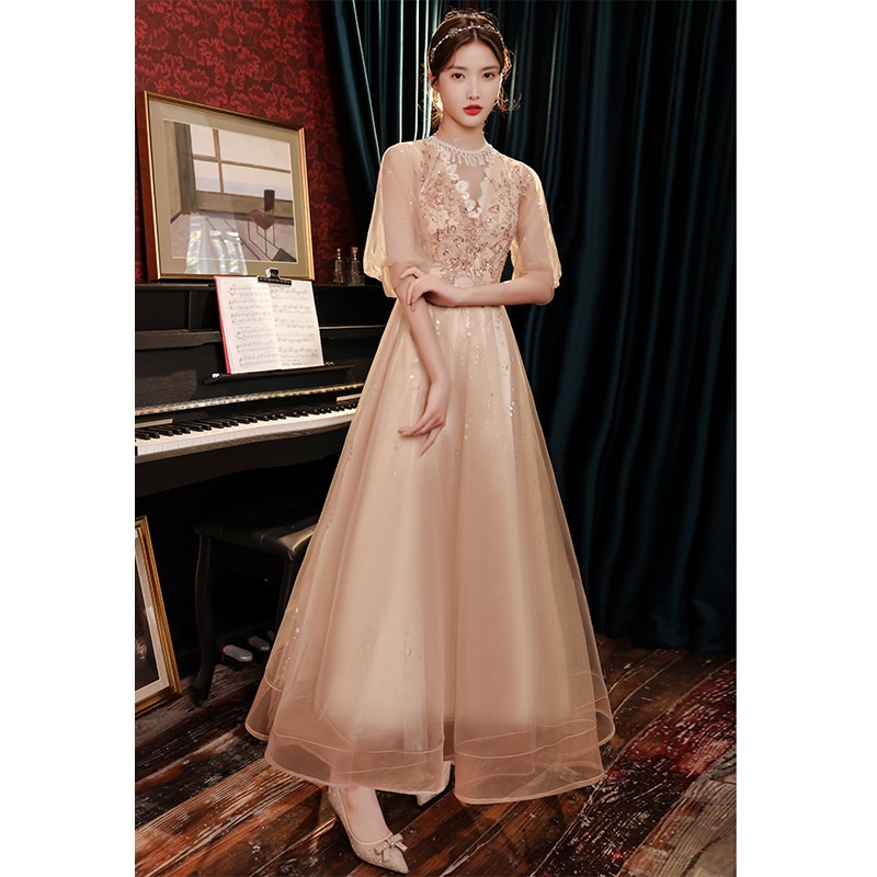 Banquet Evening Shoulder Sling Strap Temperament Fairy Elegant Champagne Dress