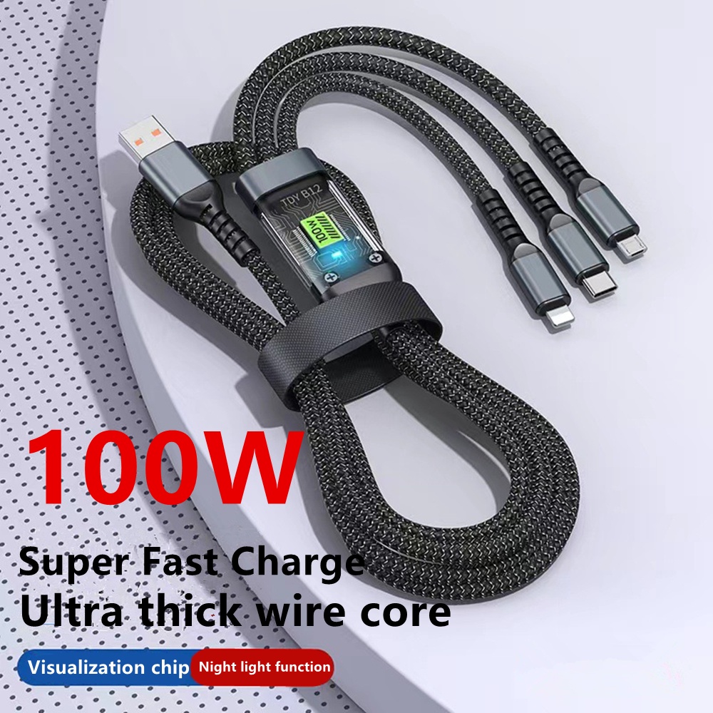 100W 3 in 1 Super Charging Cable 6A Micro USB Type C Fast Charger Type
