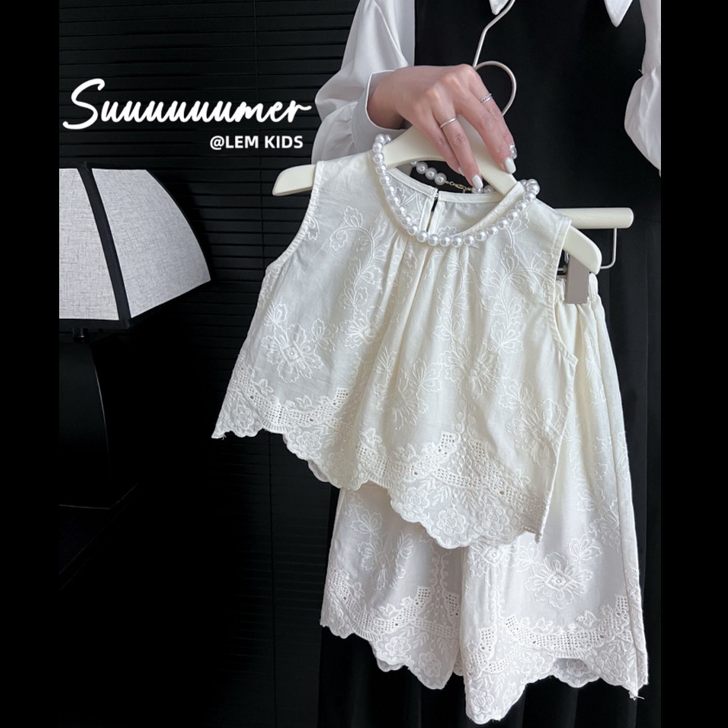Baby Girl Summer Set New Girls Korean Embroidered Lace Vest+ Cropped