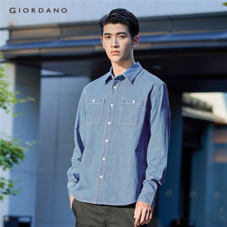 GIORDANO Men Double Pockets Long Sleeve Denim Shirt 18043609