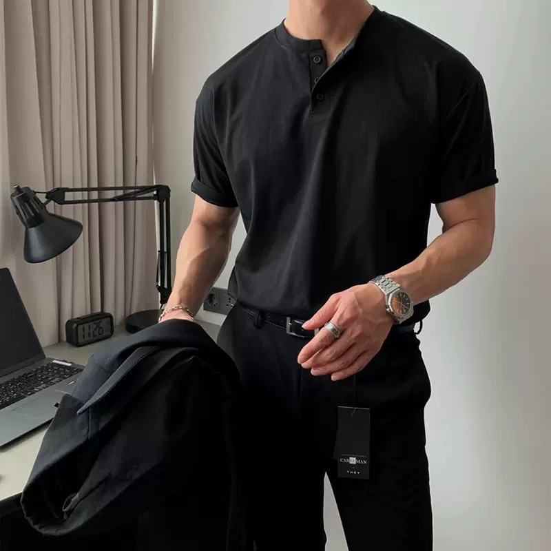 Korean Style Henley Collar Cotton POLO Shirt For Men Black Shirt Men ...