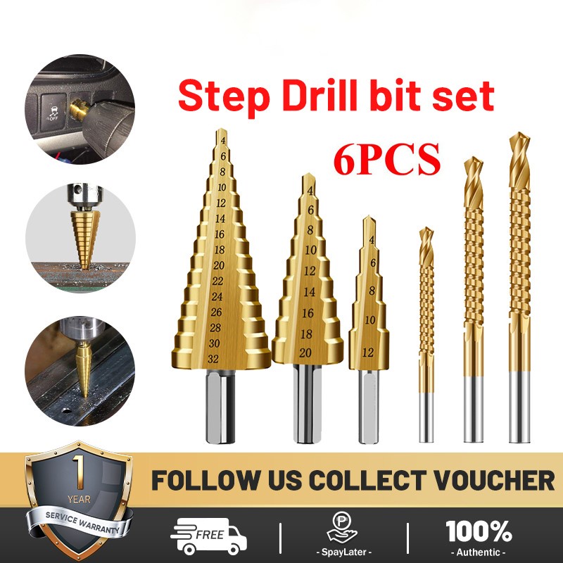 6PCS Titanium Step Drill bits Set for metal HSS High Speed Steel Hex