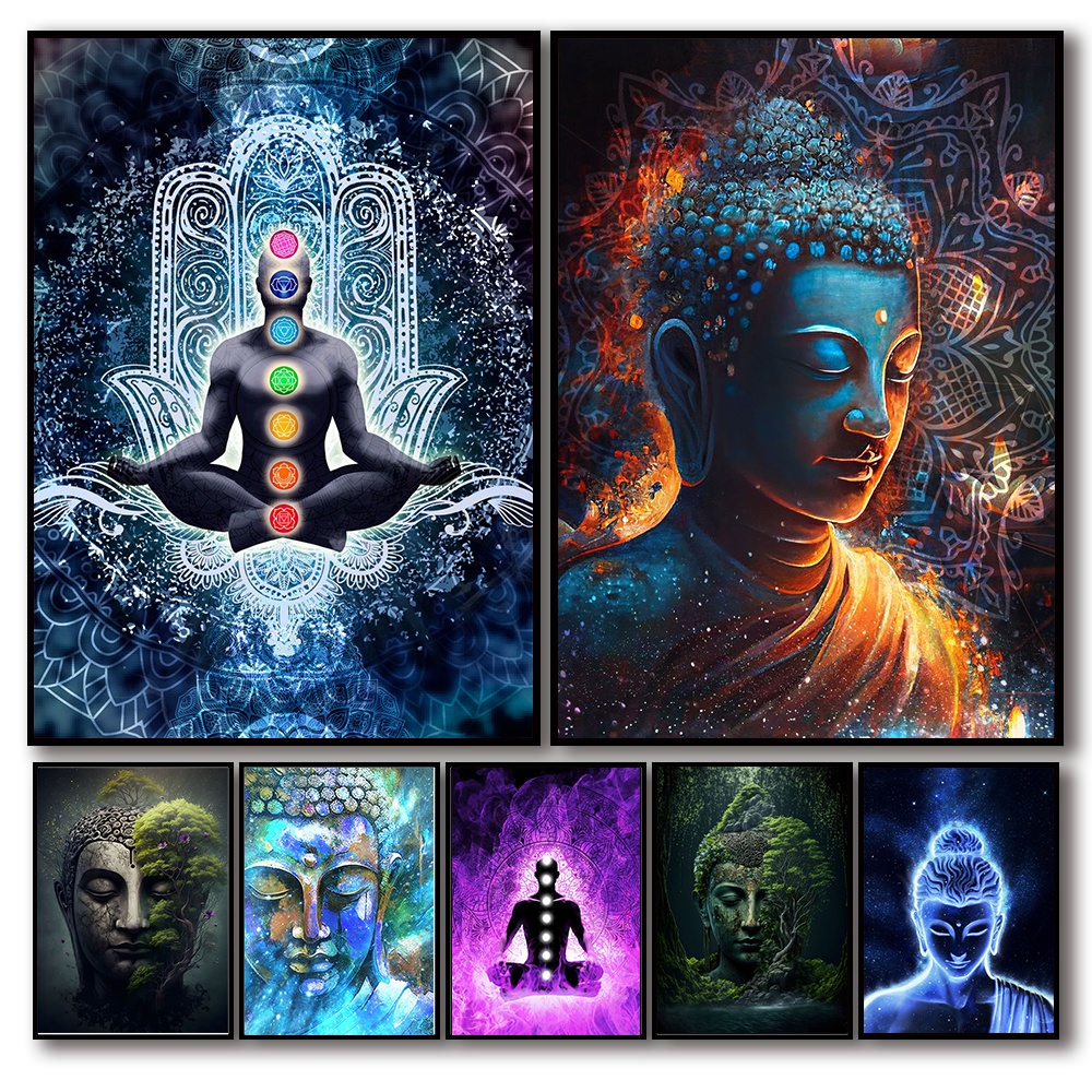 Indian Buddha Statue Meditation Chakra Poster Mandala Wall Art ...
