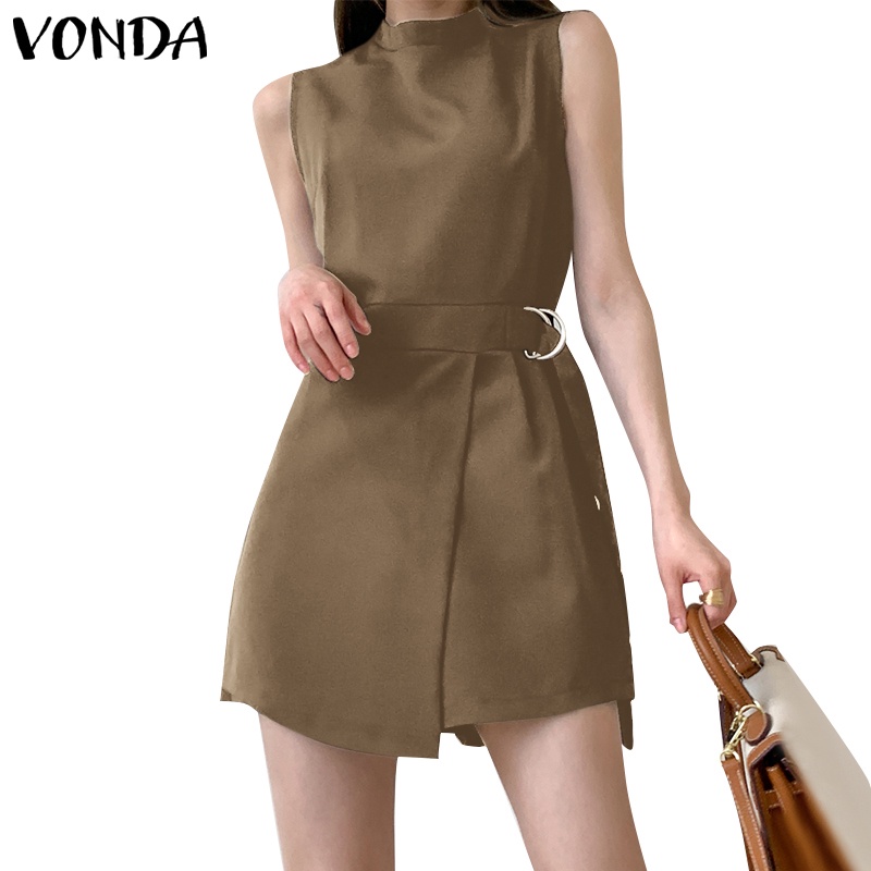Vonda Women Korean Sleeveless Casual Round Neck XLine Solid Jumpsuit