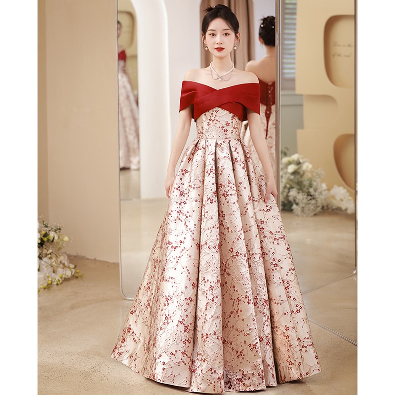 Elegant Wine Red Bridal Wedding Toast Dress French Off Shoulder Floral