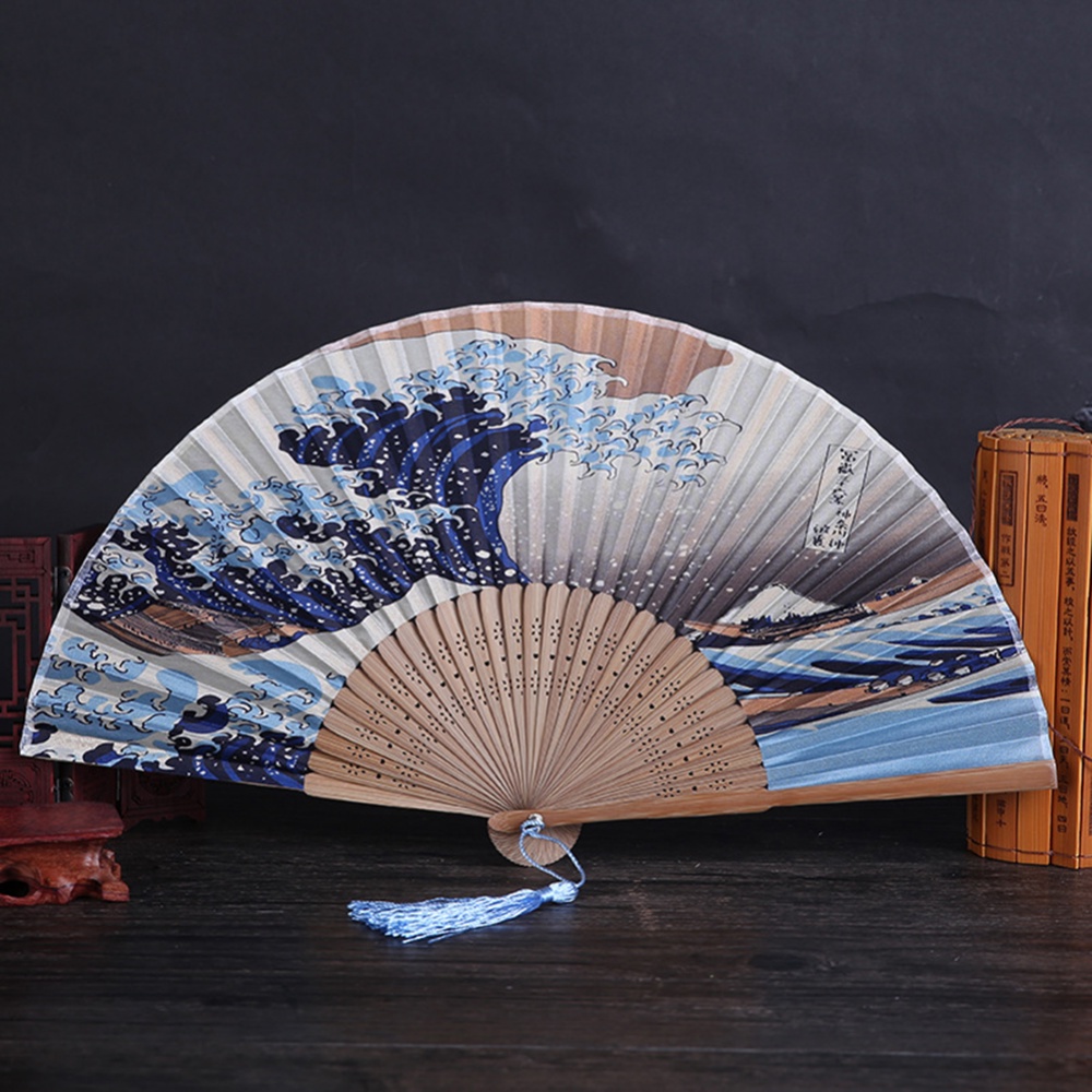 Folding Hand Fan Japanese Vintage Bamboo Silk Fan Fuji Kanagawa Waves ...