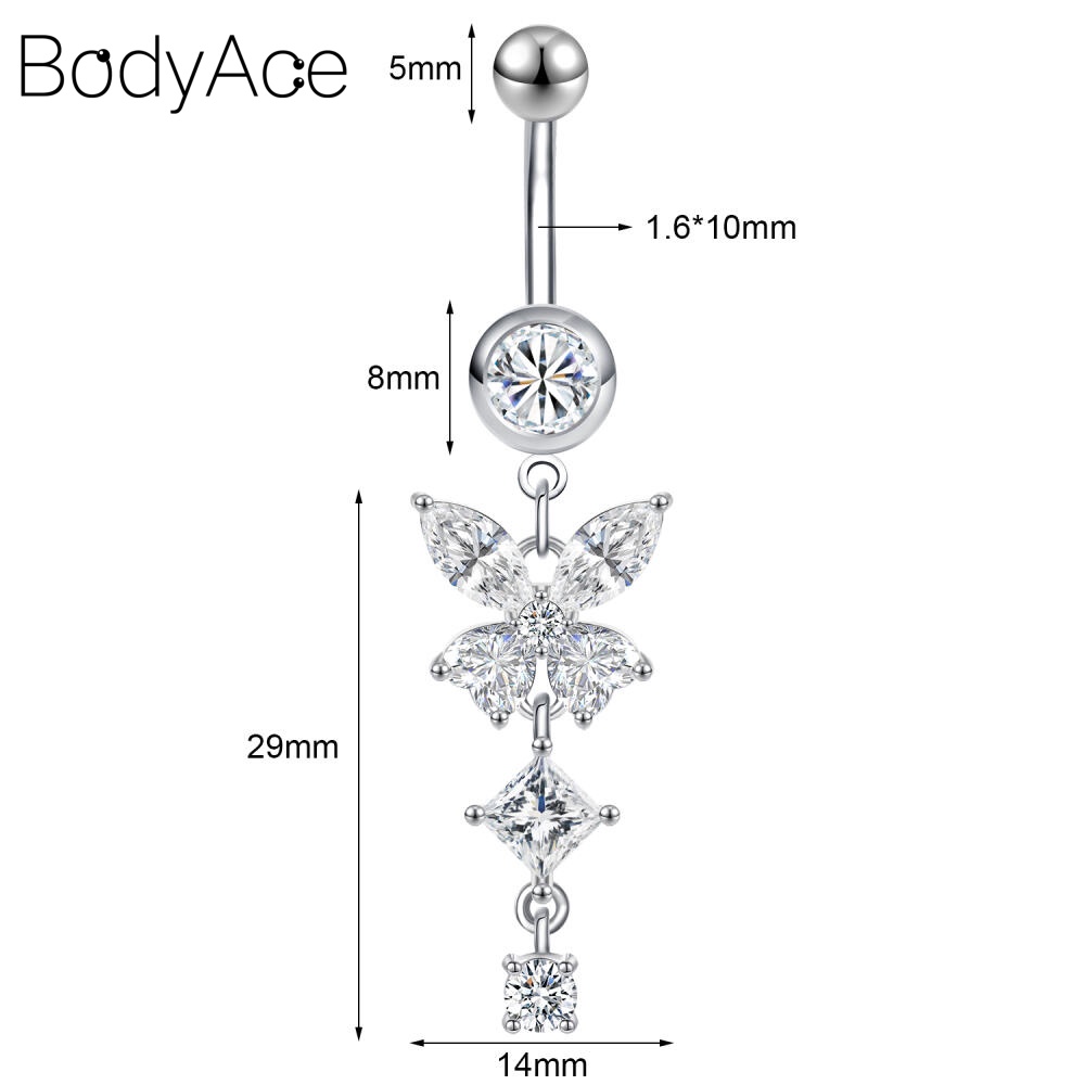 Bodyace 1 Pc Stainless Steel Butterfly Belly Button Piercing Pink Heart