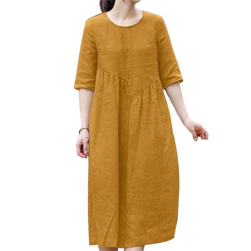 ZANZEA Women Korean Casual Loose Solid Color Cotton Half Sleeve O Neck Shirt Dress