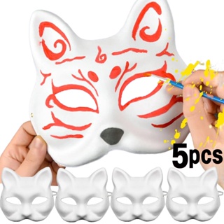 5pcs Paper Mache DIY Cat Masks, White Paper Face Blank Hand Painted Design  For Dance Party Festival Performance- White Mask Costume