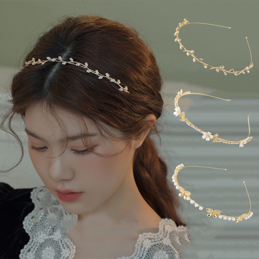 Korean Alloy Crystal Thin Headband Pearl Rhinestone Hair Band For Woman